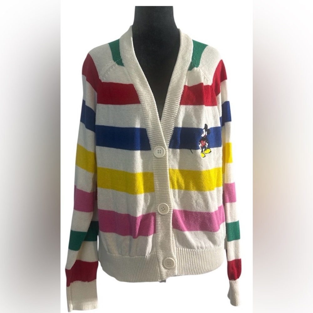 Disney 100 Mickey Mouse Rainbow Stripe Cardigan Womens Small Button Sweater